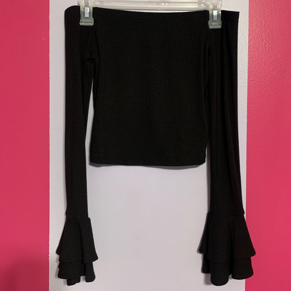 Off the shoulder black top with flared sleeves